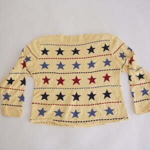 Vintage Christopher & Banks Yellow Star Cotton Knit Sweater Cottagecore Boho XL